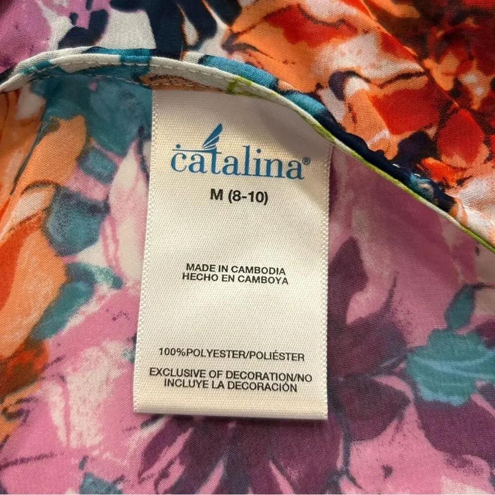 Catalina Floral Print Open Tie Front Fringe Hem Kimono Swim Coverup Medium 8-10‎